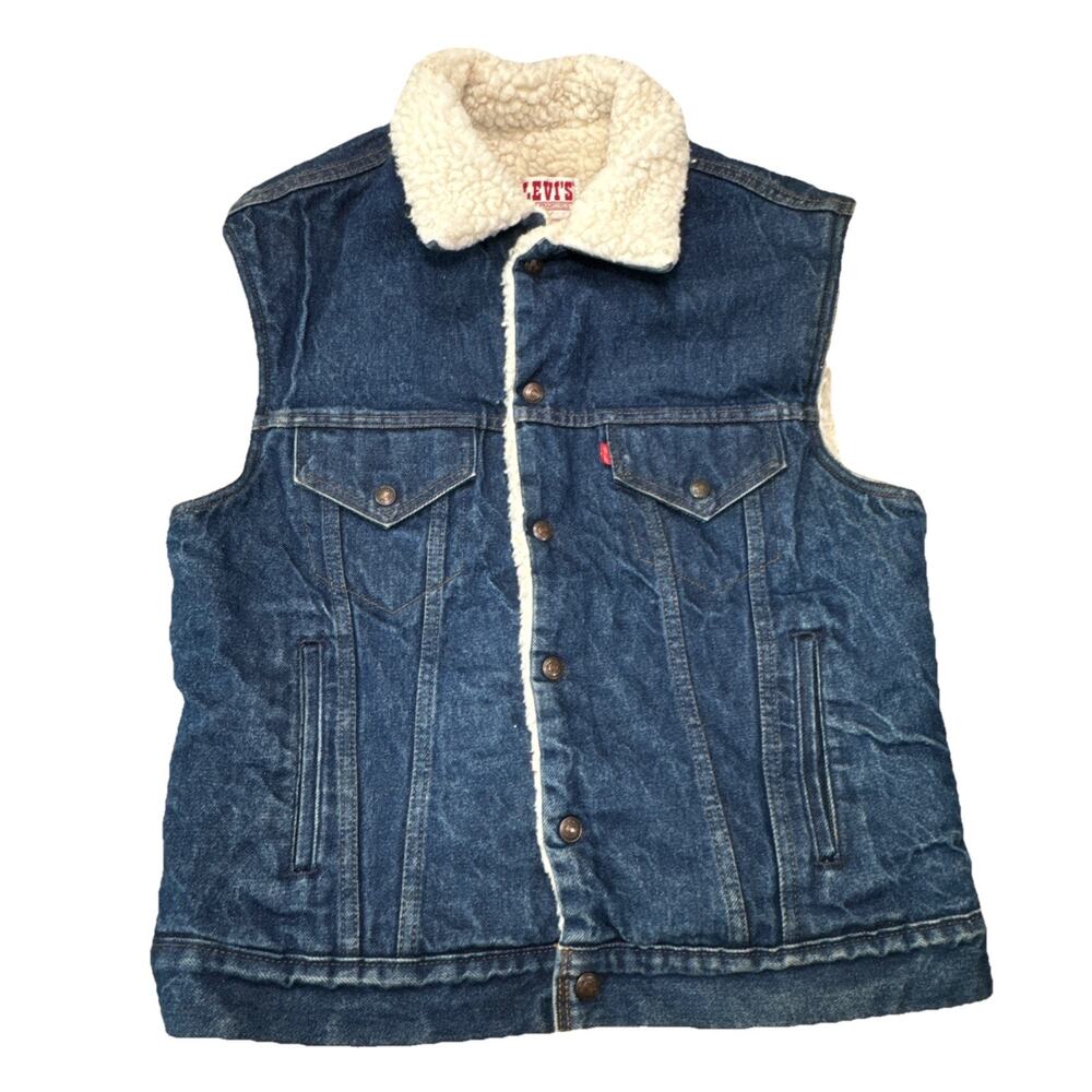 Vintage 80s Levis Sherpa Lined Denim Blue Jean Vest Large Trucker USA Made Snap